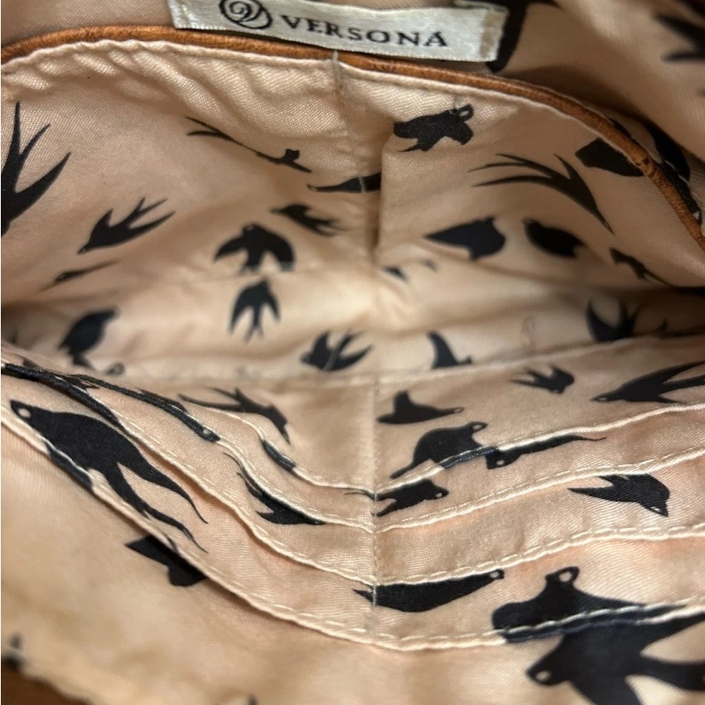 Versona Brown Faux Ostrich Croc Wristlet Clutch Tassel Zip Bag Bird Print Liner - Picture 5 of 5